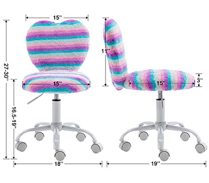 chairus Kids Desk Chair Faux Fur Small Study Chair for Teenage Girls, Adjustable Heart Shaped Kids Vanity Chair for Bedroom Reading Living Room, Cute Student Task Chair with White Foot, Rainbow - color: Rainbow