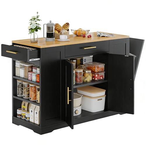 DWVO Large Kitchen Island with Trash Can Cabinet | 53 Inch Kitchen Island on Wheels, Rolling Island with Tilt‑Out Garbage Storage Fits 13 Gallon Bin, Spice Rack - color: Black