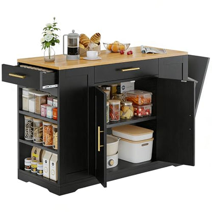 DWVO Large Kitchen Island with Trash Can Cabinet | 53 Inch Kitchen Island on Wheels, Rolling Island with Tilt‑Out Garbage Storage Fits 13 Gallon Bin, Spice Rack - color: Black