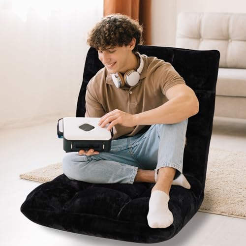 Floor Chair 14 Adjustable Positions w/Back Support, Padded Lazy Sofa w/Breathable Cotton & Skin-Friendly Coral Velve for Reading Meditating Gaming,Black - color: Black