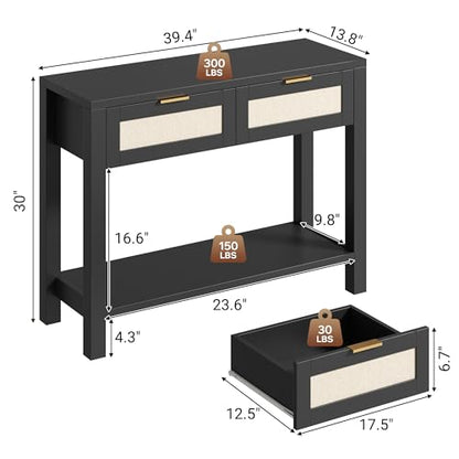 Boho Chic Console Table with 2 Rattan Drawers and Open Shelf Storage, Narrow Farmhouse Sofa Table for Small Space Entryway, Living Room,Hallway, Black - color: Black