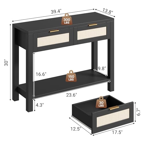 Boho Chic Console Table with 2 Rattan Drawers and Open Shelf Storage, Narrow Farmhouse Sofa Table for Small Space Entryway, Living Room,Hallway, Black - color: Black