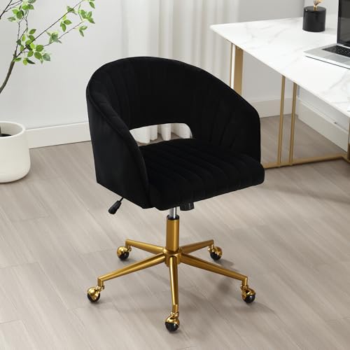 Desk Chair with Wheels, Gold Base, Velvet Accent Vanity Armchair, Black | Spacious‌ Soft Seat, Swivel Height Adjustable, Rocking Function, Modern Stripe for Girls &Women Bedroom Makeup or Nail - color: Black Velvet