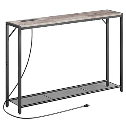 MAHANCRIS 43.7" Console Table with Outlet, Narrow Sofa Table with Shelf | 2 Tier Behind Couch Table, Charging Station, Steel Frame, for Entryway, Living Room, Foyer, Hallway, Greige CTHG11E01N1 - color: Greige, Black