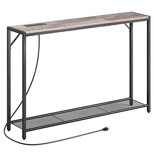 MAHANCRIS 43.7" Console Table with Outlet, Narrow Sofa Table with Shelf | 2 Tier Behind Couch Table, Charging Station, Steel Frame, for Entryway, Living Room, Foyer, Hallway, Greige CTHG11E01N1 - color: Greige, Black