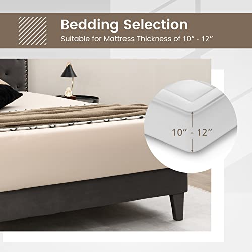 Upholstered Queen Bed Frame, Velvet Mattress Foundation w/Solid Wooden Slats Support, Button Tufted & Nailhead Trim Headboard, No Box Spring Needed, Easy Assembly, Low Platform Bed Frame - size: Queen (U.S. Standard)