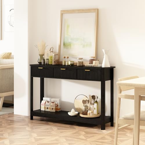 RUSTOWN Fluted Wood Console Table with 3 Drawers, 47.2" Boho Entryway Table | Narrow Behind Couch Sofa Table, Open Storage Shelf, Curved legs, 2 Tier Modern Farmhouse Hallway Table for Living Room, Foyer - color: Black