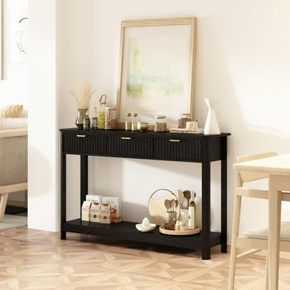 RUSTOWN Fluted Wood Console Table with 3 Drawers, 47.2" Boho Entryway Table | Narrow Behind Couch Sofa Table, Open Storage Shelf, Curved legs, 2 Tier Modern Farmhouse Hallway Table for Living Room, Foyer - color: Black