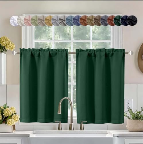 Aiyufeng Ever Green Short 36 Inches Blackout Curtain 2 Panels Set, Half Window Rod Pocket Privacy Curtain Tiers for Kitchen, Curtains Blackout for Bathroom Shades, W40 x L36 Inch, Ever Green - color: Evergreen, size: 40"W x 36"L (Pack of 2)