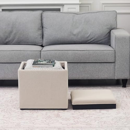 Storage Square Ottoman with Tray, Small Linen Foot Rest Stool Cube, Coffee Table for Dorm Living Room Bedroom, Beige - color: Beige
