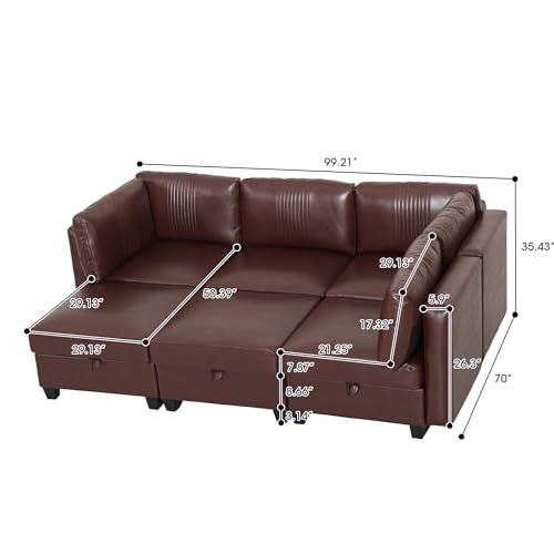 ERYE 99-Inch Oversized U Shaped Sectional Sofa 6 Seat Modular Storage Sofa Couch W/Deep Seat,Pet Friendly Faux Leather Upholstered Convertible Sleeper Sectional Couch with Ottomans - color: Dark Brown 99"
