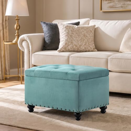 Zihanhome Velvet Storage Ottoman Bench, Button Tufted Ottoman with Hidden Storage, Upholstered Foot Rest Stool with Solid Wood Legs for Living Room, Bedroom, Entryway & Small Spaces (Mint Blue) - color: Velvet-mint Blue