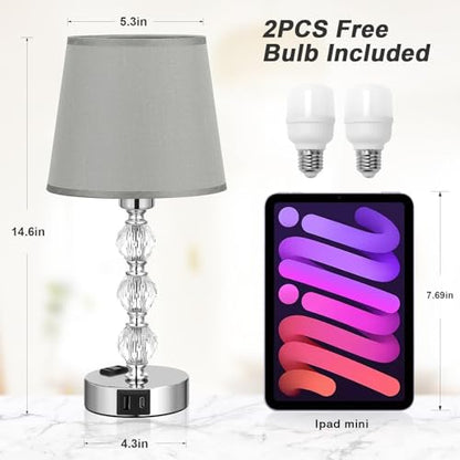 Crystal Table Lamp Set of 2 for Bedroom/Living Room, 14.6in (Gray) | 3 Way Dimmable Touch Control, Bedside Nightstand Light, USB C & A Ports, Metal Base, FREE Bulbs Included, Modern Design