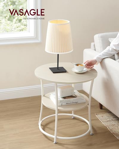 VASAGLE 21.7-Inch Round Side Table, 2-Tier End Table | Nightstand with Steel Frame, Spacious Top, for Small Spaces, Living Room, Bedroom, Natural Beige ULET056N01 - color: Natural Beige, style: Without Power Strip
