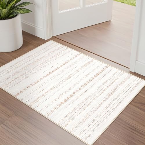 Nakagishi Boho 2x3 Washable Area Rug Non Slip Carpet for Entryway Beige | Pet & Kid Friendly, Machine Washable, Low Pile Carpet for Kitchen Hallway Daily Home Decor,Farmhouse Neutral Moroccan - color: Beige Brown, size: 2' X 3' (Rectangular)