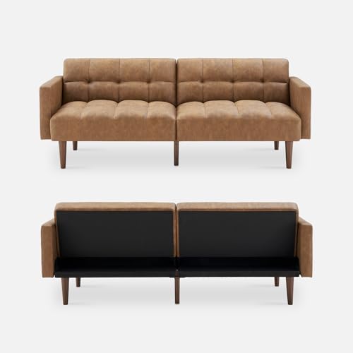 mopio 76.4" Futon Sofa Bed Tufted Styled, Sleeper Couch (Pecan Brown Faux Leather) - color: Aaron Pu, Pecan Brown