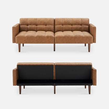 mopio 76.4" Futon Sofa Bed Tufted Styled, Sleeper Couch (Pecan Brown Faux Leather) - color: Aaron Pu, Pecan Brown