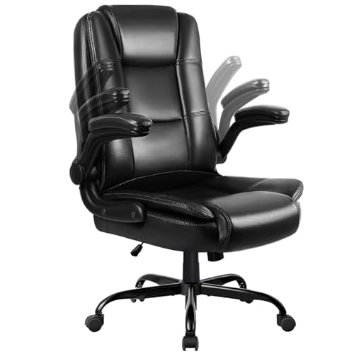 Flip-up Arms Office Desk Chair Big and Tall Managerial Executive Chair, High Back Computer Chair Ergonomic Adjustable Height PU Leather Chairs with Armrest for Long Time Sitting - color: New Black