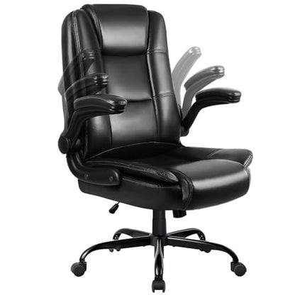 Flip-up Arms Office Desk Chair Big and Tall Managerial Executive Chair, High Back Computer Chair Ergonomic Adjustable Height PU Leather Chairs with Armrest for Long Time Sitting - color: New Black
