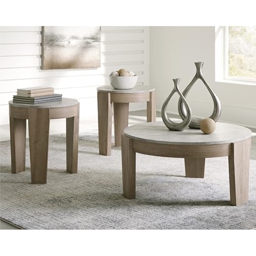 Signature Design by Ashley Coffee Table Set of 3, Round, with End Tables | 3-piece coffee and end table sets with faux cement tops and wood grain finish frames, Casual style, Guystone Series