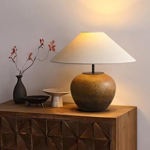 Ceramic Antique Style Pot Room Table Lamp Brown Wabi Sabi Ceramic Table Lamp Mid Century Modern End Desk Lamp Rustic Farmhouse Bedside Lamp for Nightstand Bedroom Living Room Home Office