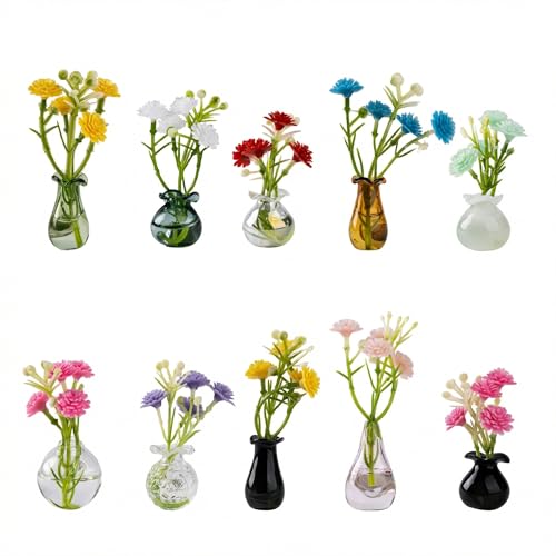 10-Pack Magnetic Mini Glass Vases Set with 30+ Flowers - Strong Magnet Decor for Fridge, Locker and Office - Small for Mom and Women - color: Glass