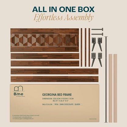 Bme Georgina Queen Bedframe, Geometric Headboard, Mid Century, Dark Choco - color: Dark Chocolate, size: Queen, style: Bed Frames