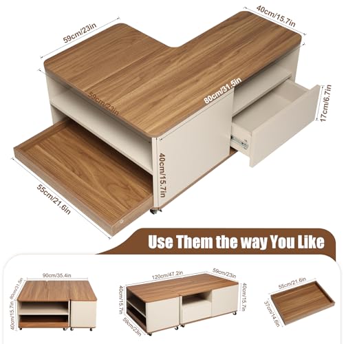 Modular Coffee Table Set of 2 with Wheels, L-Shape Convertible Wood Center Table with Drawer, Modern Nesting Small End Tables for Living Room Apartment, Space Saving Flexible Layout