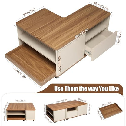 Modular Coffee Table Set of 2 with Wheels, L-Shape Convertible Wood Center Table with Drawer, Modern Nesting Small End Tables for Living Room Apartment, Space Saving Flexible Layout