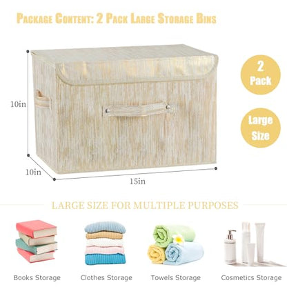 2PCS Storage Boxes with Lids Luxury Metallic Fabric Bins Baskets | Decorative Collapsible Stackable, Clothes Container Organizer with Handles for Shelf Closet Home Bedroom Office, Gold, Large - size: Large (Set of 2)