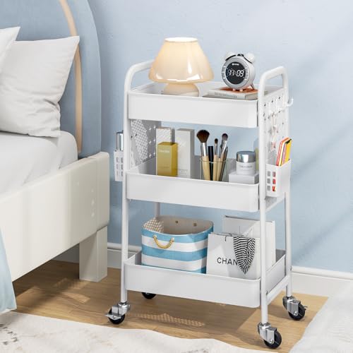 TOOLF Metal Rolling Storage Cart, 3-Tier Utility Mobile Cart with DIY Pegboards, Serving Trolley Cart with Baskets Hooks, for Kitchen, Bathroom, Office, Home, Classroom (Light White) - color: Light White