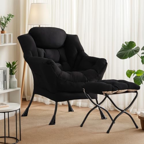 Lazy Chair with Ottoman, Soft Comfy Chair for Bedroom, Black | Reading Accent Lounge Chair with folding Foot Stool for Living Room Dorm Apartment, sturdy metal frame - color: Black