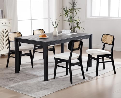 EALSON Rattan Dining Chairs Set of 6 Cane Back Farmhouse Dining Room Chairs Mid Century Kitchen Chair with Black Wood Frame Sherpa Upholstered Side Chair for Kitchen Restaurant, Beige - color: Sherpa Beige-black Wood Frame, size: 6PCS