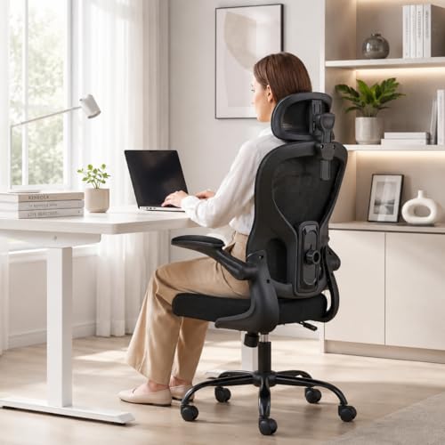 Ergonomic Office Chair with Adjustable Headrest & Lumbar Support, High Back Mesh Desk Chair, 330 LBS Capacity Swivel Computer Chair with Flip-Up Arms, Home Office Gaming Chair(Black) - color: Black