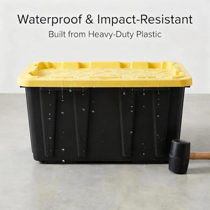 4 Pack 17 Gallon Stackable Lockable Storage Bins with Lids, Black & Yellow | Thickened durable plastic, nestable empty design, built-in ergonomic handles, multi-scene indoor outdoor storage use