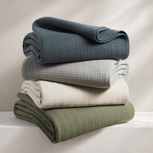 100% Cotton Modern Grid Stitch Quilt Set, Queen Size, Birch | Pre-Washed Cotton Coverlet Bedspread, Oversized Lightweight 3-Piece Bedding Set for All Season, with 2 Pillow Shams - color: Birch, size: Full/Queen (96" X 94")