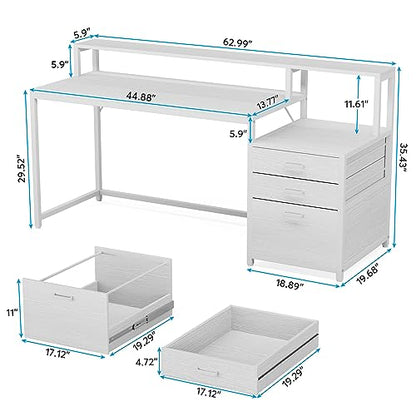 Tribesigns 63 Inch Computer Desk with File Drawer Cabinet, Ergonomic Desk | Office Desk with Monitor Stand, Computer Table with Printer Space, Wood PC Table Workstation Desk for Home Office, White - color: White