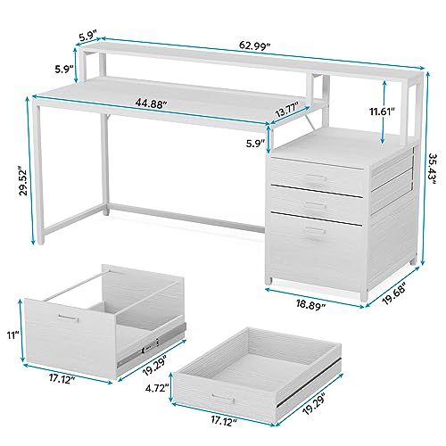 Tribesigns 63 Inch Computer Desk with File Drawer Cabinet, Ergonomic Desk | Office Desk with Monitor Stand, Computer Table with Printer Space, Wood PC Table Workstation Desk for Home Office, White - color: White