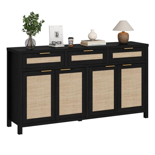 63" Rattan Sideboard Buffet Cabinet, Boho Storage Cabinet | Adjustable Shelves, 4 Doors & 3 Drawers, Farmhouse Credenza, Coffee Bar Cabinets, Living Room, Hallway, Kitchen - color: Rustic Black, size: 63-Inch