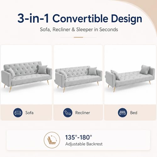 Majnesvon 71" Convertible Folding Sleeper Sofa Couch,Modern Velvet Loveseat Sleeper with 2 Pillows, Futon Sofa Bed with Mattress and Frame for Living Room,Bedroom,Small Space (Grey) - color: Grey