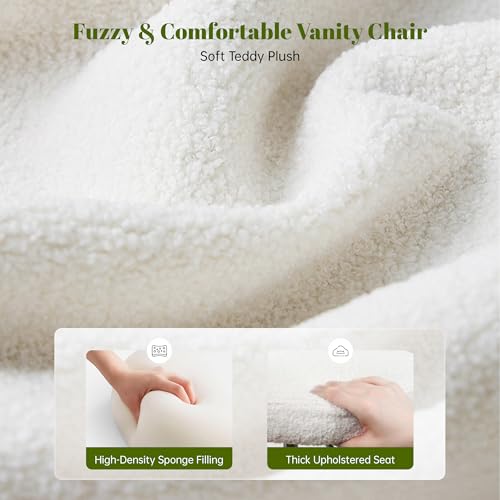 DurayLoly Vanity Chair with Open Back & Wheels White | Swivel, Fluffy Teddy Fabric, Height Adjustable,300lbs for Makeup Room, Vantiy, Bedroom - color: White