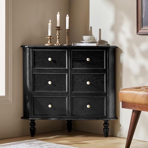 HULALA HOME Vintage Black Corner Cabinet, 30'' Tall 2 Door Triangle Storage Cabinet with Faux Drawers for Living Room, Bathroom, Entryway - color: Black