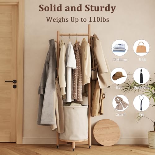 CycleCrew Solid Wood Coat Rack with Fabric Basket - Freestanding Coat Rack Rolling Coat Tree with 9 Hooks Wheels, Small Clothes Rack For Entryway Bedroom Hallway Living Room - color: Natural