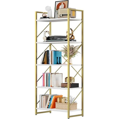 DWVO Gold Bookshelf | Modren 5 Tier Bookcase, Storage Shelves Organizer Standing Shelf, Display Rack Book Shelves for Bedroom,Living - color: Gold