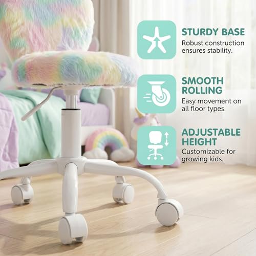 chairus Kids Desk Chair Faux Fur Small Study Chair for Teenage Girls, Adjustable Heart Shaped Kids Vanity Chair for Bedroom Reading Living Room, Cute Student Task Chair with White Foot, Macaron - color: Macaron