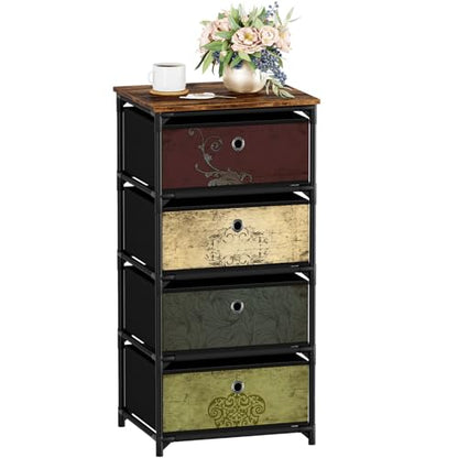VASICAR Storage Unit with 4 Drawers, Fabric Nightstand, Wood Top | Clothes Organizer, Craft Storage Chest, Small Pattern Dresser for Bedroom, Closet, Nursery, Dorm - size: 11.8"D x 15.8"W x 30.7"H (4 Drawers)