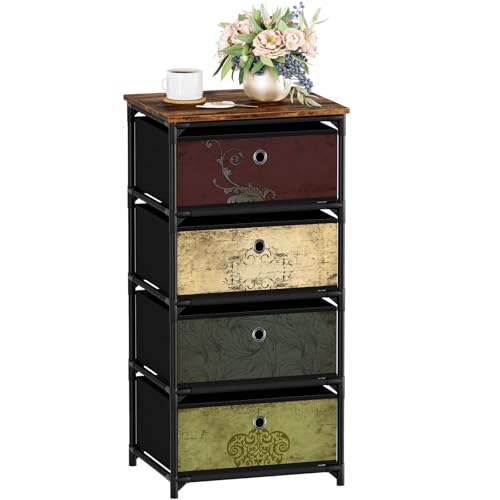 VASICAR Storage Unit with 4 Drawers, Fabric Nightstand, Wood Top | Clothes Organizer, Craft Storage Chest, Small Pattern Dresser for Bedroom, Closet, Nursery, Dorm - size: 11.8"D x 15.8"W x 30.7"H (4 Drawers)