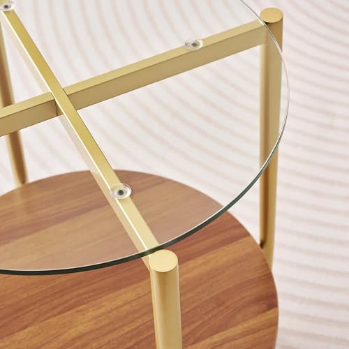 LumFurn D18in Round Glass End Table, Mid-Century Modern Design Side Table for Living Room, D18xH23inch, Clear Glass and Walnut MDF Wood, Conical Legs with Gold Finish Frame - color: D18" Clear & Walnut