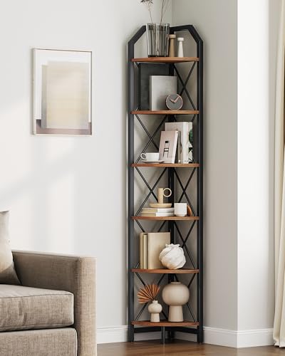 6-Tier Corner Shelf, Industrial Corner Bookshelf, 71.2" Corner Storage Stand, Plant Stand Display Shelf, Corner Bookcase for Bedroom, Living Room, Home Office, Rustic Brown and Black TCJ11BF - color: Rustic Brown and Black, size: 6-Tier