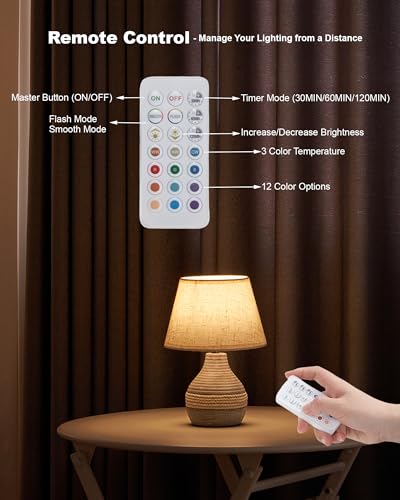 UMEXUS 10" Small Ceramic Cordless Table Lamp, Rechargeable Battery, Coastal | Timer, Dimmer, Linen Shade, Remote Control RGB & Warm Lights, Farmhouse Home Decor Kitchen Counter Living Room Side Table - size: 10"H Mini - Rope accent design